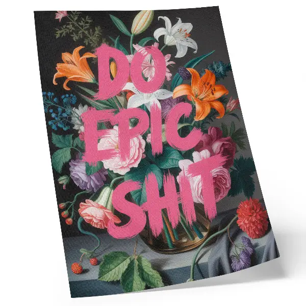 Poster para cozinha letras rosa sobre fundo de flores coloridas