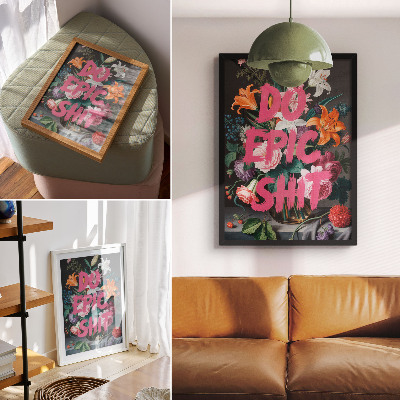 Poster para cozinha Letras rosa sobre um fundo de flores coloridas.
