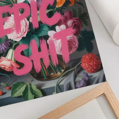 Poster para cozinha letras rosa sobre fundo de flores coloridas