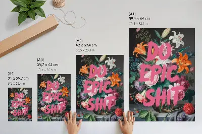Poster para cozinha letras rosa sobre fundo de flores coloridas