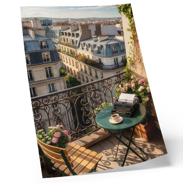 Poster decorativo Café na varanda com vista para os prédios residenciais.