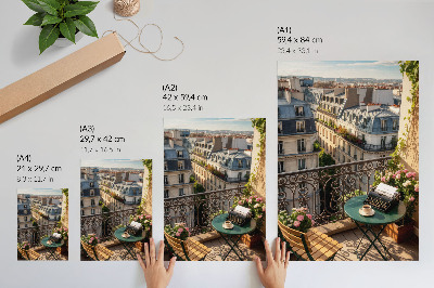 Poster decorativo Café na varanda com vista para os prédios residenciais.