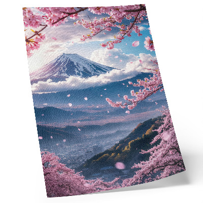 Arte de parede Montanhas e cerejeiras em flor sob um céu rosado.