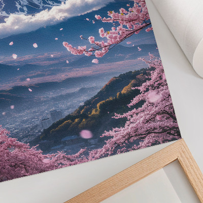 Arte de parede Montanhas e cerejeiras em flor sob um céu rosado.