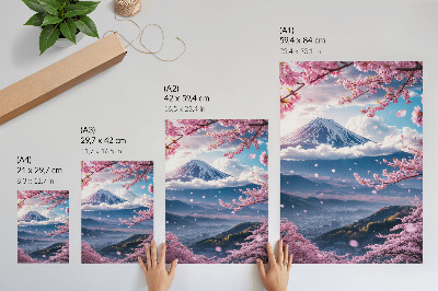 Arte de parede Montanhas e cerejeiras em flor sob um céu rosado.