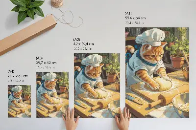 Poster decorativo com estampa de um gato chef adorável rodeado por vasos de plantas