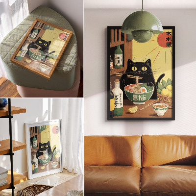 Impressão em tela Gato com ramen e limões, tema japonês, atmosfera atemporal