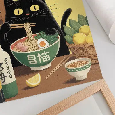 Impressão em tela gato com ramen e limões em arte com tema japonês e atmosfera atemporal