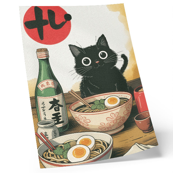 Arte de parede Garrafa de saquê ramen com gato preto e motivo japonês