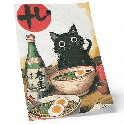 Arte de parede Garrafa de saquê ramen com gato preto e motivo japonês