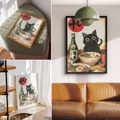 Arte de parede Garrafa de saquê ramen com gato preto e motivo japonês