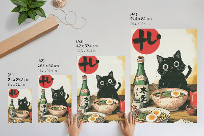 Arte de parede Garrafa de saquê ramen com gato preto e motivo japonês