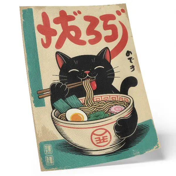 Tigela de Ramen Gato Preto com inspirações retrô japonesas para cozinha