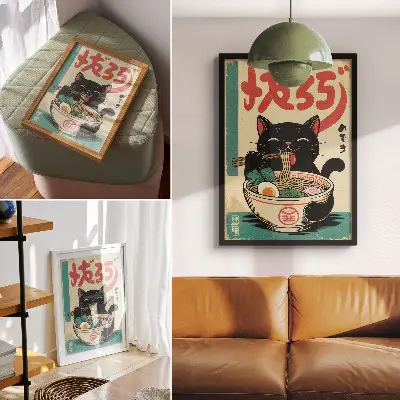 Tigela de Ramen Gato Preto com inspirações retrô japonesas para cozinha