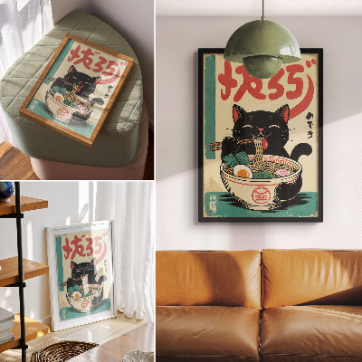 Poster para cozinha Tigela de Ramen Gato Preto: Inspirações Retrô Japonesas
