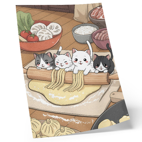 Poster decorativo Ilustração de gatinhos na cozinha em tons quentes
