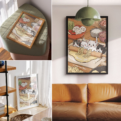 Poster decorativo Ilustração de gatinhos na cozinha em tons quentes