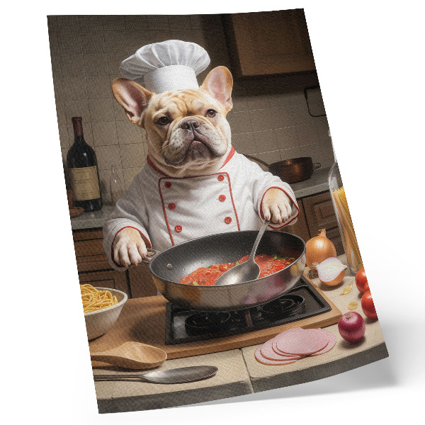 Impressão em tela Buldogue na cozinha, estilo surreal e engraçado