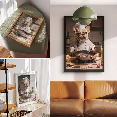 Impressão em tela buldogue na cozinha em estilo surreal e engraçado