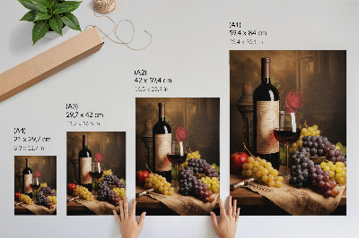 Poster para cozinha Garrafa de vinho, uvas, maçã, rosa, elegância