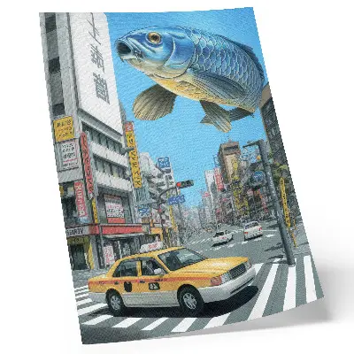 Poster decorativo surrealismo urbano com peixes em rua moderna