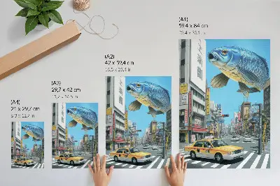 Poster decorativo surrealismo urbano com peixes em rua moderna