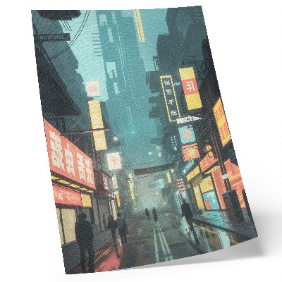 Arte de parede Cena noturna urbana com estilo retrô-futurista e luzes de néon.