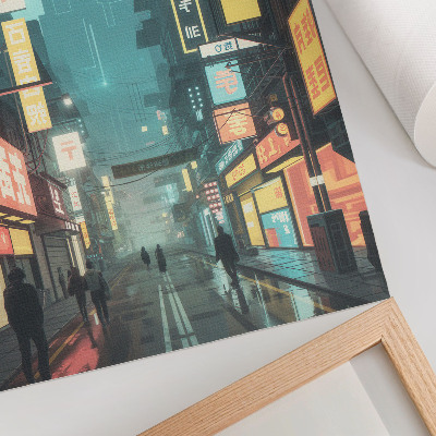 Arte de parede Cena noturna urbana com estilo retrô-futurista e luzes de néon.