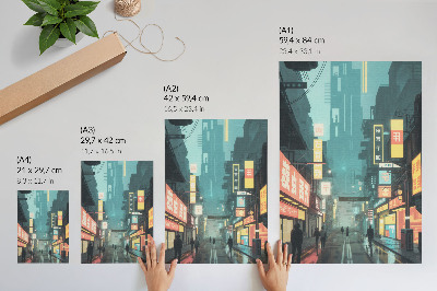 Arte de parede Cena noturna urbana com estilo retrô-futurista e luzes de néon.