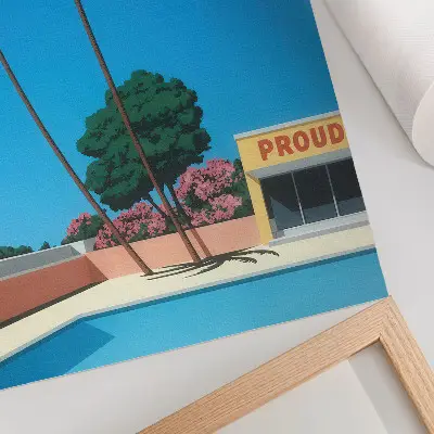 Poster decorativo com estampa de céu azul, palmeiras e piscina em estilo moderno