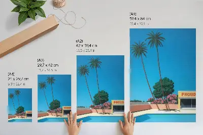 Poster decorativo com estampa de céu azul, palmeiras e piscina em estilo moderno