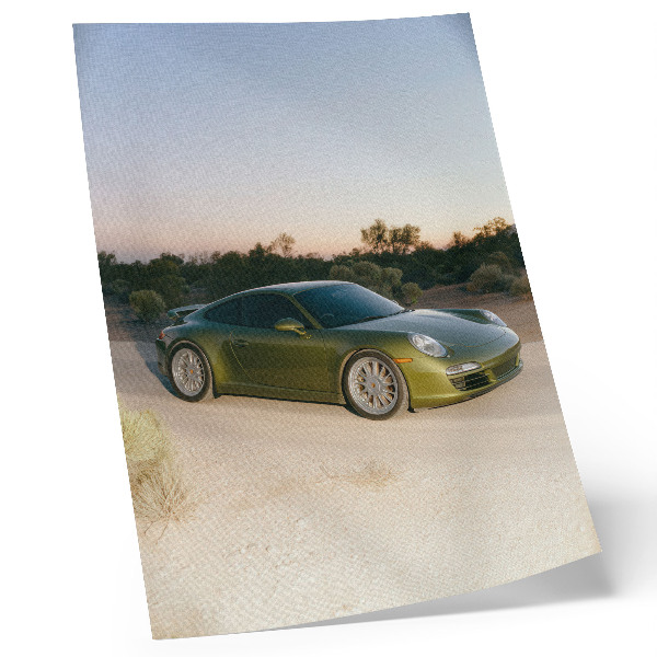 Poster para cozinha Carro esportivo verde pôr do sol no deserto