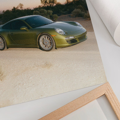 Poster para cozinha Carro esportivo verde pôr do sol no deserto