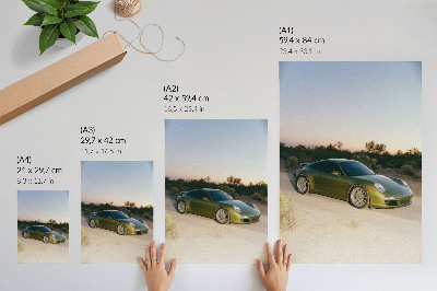 Poster para cozinha Carro esportivo verde pôr do sol no deserto