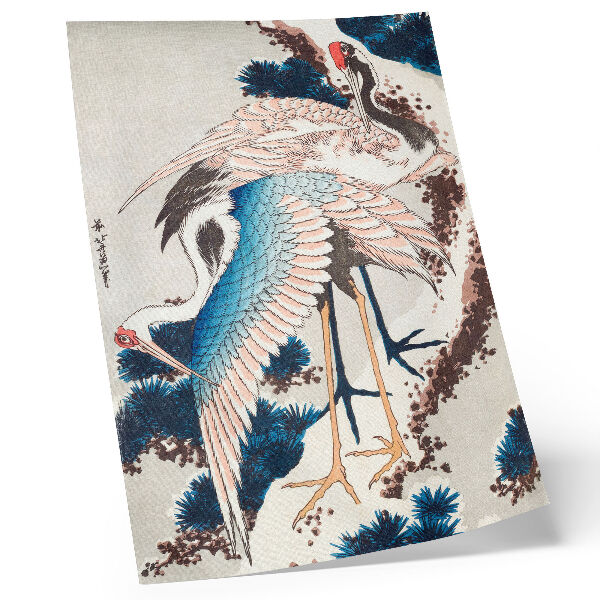 Arte de parede Garças em uma árvore coberta de neve, de Katsushiki Hokusai (1834), xilogravura antiga