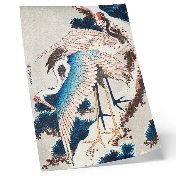 Arte de parede xilogravura antiga Garças em uma árvore coberta de neve de Katsushiki Hokusai de 1834