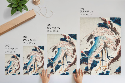 Arte de parede Garças em uma árvore coberta de neve, de Katsushiki Hokusai (1834), xilogravura antiga