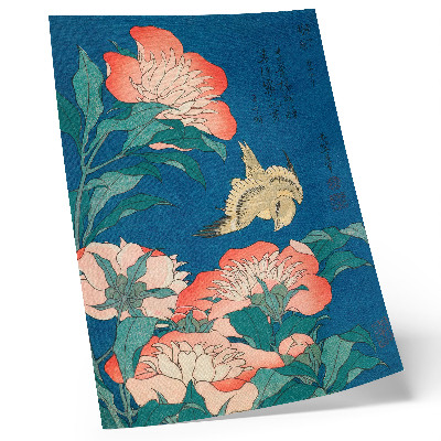Arte de parede Peônias e um Canário, de Katsushiki Hokusai (1834) – xilogravura vintage