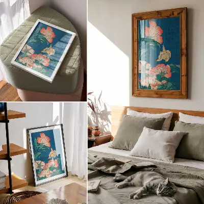 Arte de parede xilogravura vintage Peônias e um Canário de Katsushiki Hokusai de 1834