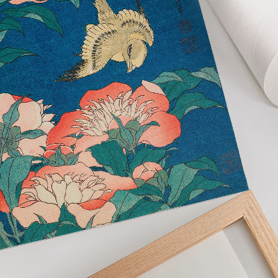 Arte de parede Peônias e um Canário, de Katsushiki Hokusai (1834) – xilogravura vintage