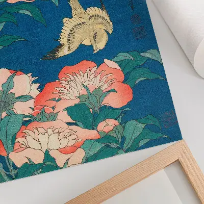 Arte de parede xilogravura vintage Peônias e um Canário de Katsushiki Hokusai de 1834