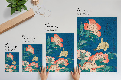 Arte de parede Peônias e um Canário, de Katsushiki Hokusai (1834) – xilogravura vintage