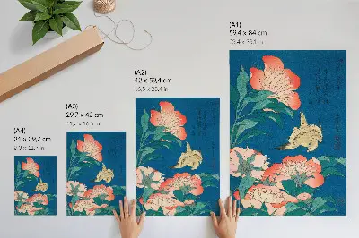 Arte de parede xilogravura vintage Peônias e um Canário de Katsushiki Hokusai de 1834