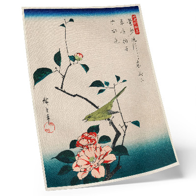 Poster decorativo Ilustração Ukiyo-e de Camélia e Rouxinol por Utagawa Hiroshige (1797-1858)
