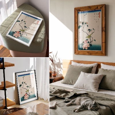 Poster decorativo Ilustração Ukiyo-e de Camélia e Rouxinol por Utagawa Hiroshige (1797-1858)