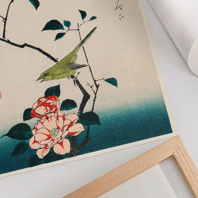 Poster decorativo Ilustração Ukiyo-e de Camélia e Rouxinol por Utagawa Hiroshige (1797-1858)