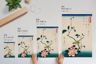 Poster decorativo Ilustração Ukiyo-e de Camélia e Rouxinol por Utagawa Hiroshige (1797-1858)