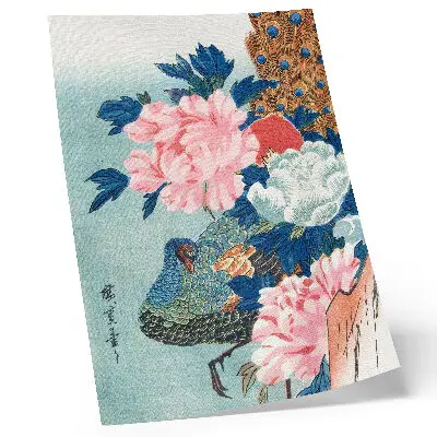Poster decorativo Pavão e Peônias gravura japonesa vintage em madeira de Utagawa Hiroshige