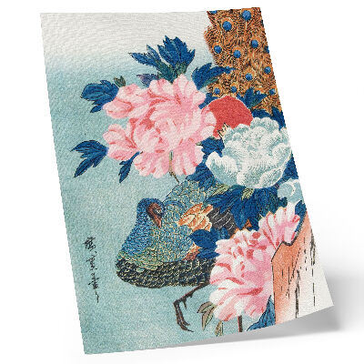 Poster decorativo Pavão e Peônias, gravura japonesa vintage em madeira de Utagawa Hiroshige.