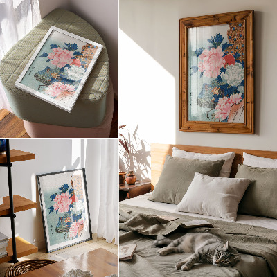 Poster decorativo Pavão e Peônias, gravura japonesa vintage em madeira de Utagawa Hiroshige.